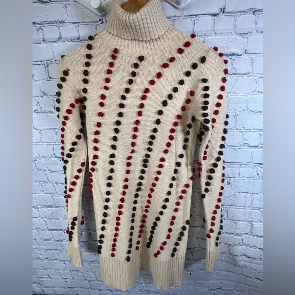 See By Chloe Cream Wool Silk Cashmere Polka Dot Pom Poms Turtleneck Sweater S